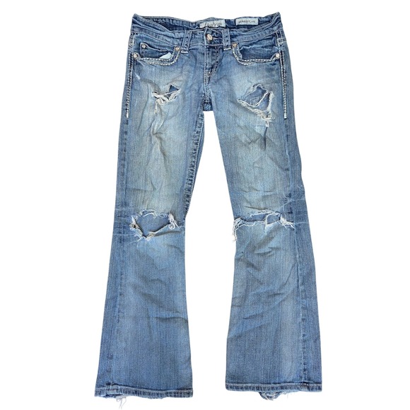 Daytrip Denim - Daytrip Aquarius Flare Jeans 27S Medium Wash Distressed Rhinestone Low Rise Y2K